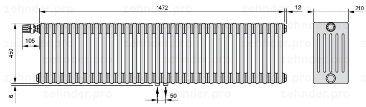 Схема (чертеж) Радиатор Zehnder Charleston 6045/32 №V007 Белый глянцевый RAL 9016